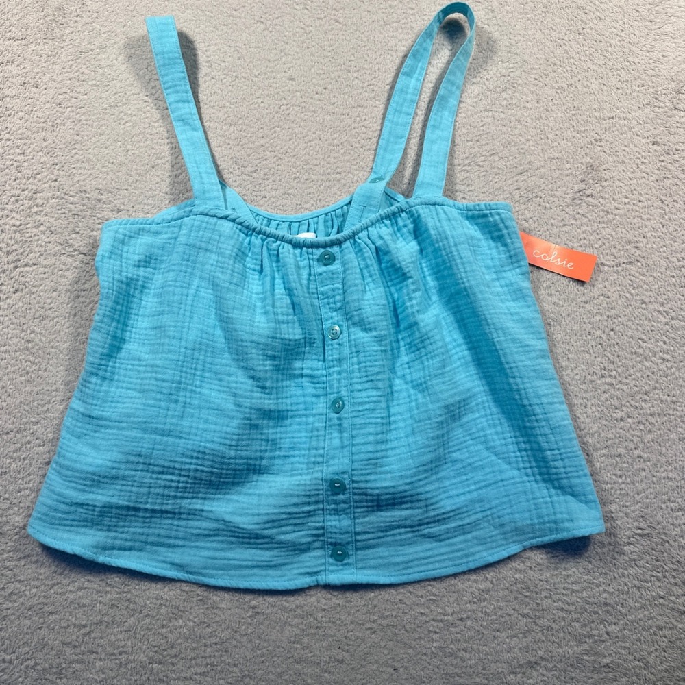 Colsie Cotton Gauze Tank Top Blue Button‎ Front Sleeveless Casual  Women's S NWT